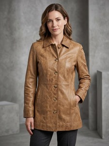<b>Womens</b> Genuine Lambskin <b>Leather</b> Car Coat Camel <b>Brown</b> Three Quarter Length Button Front <b>Jacket</b> - Product Image 2