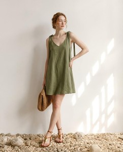 <b>Boho</b> Linen Mini <b>Dress</b> Women Sleeveless V-Neck Backless Loose Fit Solid Color <b>Summer</b> Casual Breathable Woven <b>Dress</b> - Product Image 4