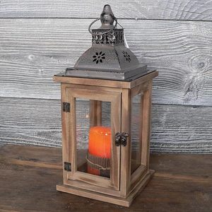 Farol de Vela Rústico de Madera y Metal, Farol Decorativo Estilo Granja con Paneles de Vidrio para Decoración del Hogar y Bodas - Product Image 1