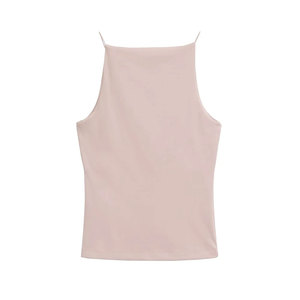 Débardeur côtelé uni à col rond pour femme, basique d'été, élastique, sans manches, coupe courte, en soie/coton, écologique, respirant, avec devant en satin - Product Image 6