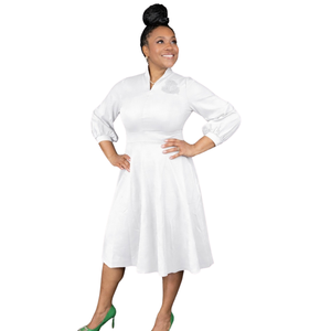 Vestido Midi Elegante de Algodón 100% con Botones en la Cintura Natural, Color Blanco, para Mujer, Manga Corta, Profesional, de Oficina, Formal - Product Image 1