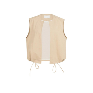 Gilet sans manches beige pour femme, col sans revers, couleur unie, tissu tissé, style minimaliste, vêtement d'extérieur, longueur normale - Product Image 6
