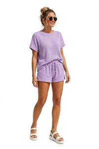 Women's Lavender Ribbed <b>2</b> <b>Piece</b> <b>Set</b> Short Sleeve O Neck <b>Top</b> <b>and</b> Lace Up Shorts - Product Image 4
