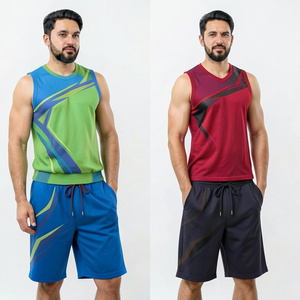 Men's Geometric Print Tank Top And <b>Shorts</b> Set V-Neck Quick Dry Knitted <b>Polyester</b> Sporty Summer Outfit - Product Image 1