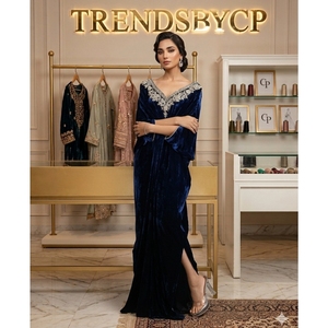 Luxury Hand-Embroidered Shimmering <b>Sequined</b> Pure Velvet Dazzling Blue Floor-Length <b>Kaftan</b>-Custom Colors Party Modest Evening - Product Image 4