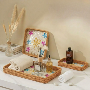 Premium Rattan <b>Seashell</b> Jewelry <b>Necklace</b> Holder Tray Mother of Pearl Inlaid Colorful Flower Pattern Tray Wholesale - Product Image 1