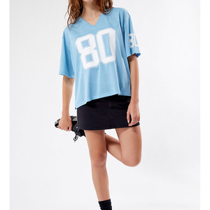 T-shirt en molleton bleu clair à col en V pour femme, imprimé numéro 80, coupe classique, manches courtes, respirant, écologique, 100 % coton, printemps - Product Image 3