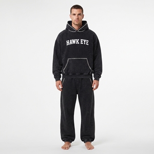 Conjunto Deportivo Negro para Hombre de Alta Calidad con Lavado Ácido, Sudadera de Manga Larga y Pantalón Casual, con Logotipo Frontal Bordado Personalizado - Product Image 2