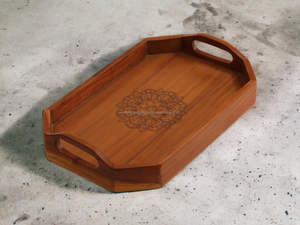 Bandeja de servicio octogonal de madera natural moderna con impresión digital de nogal oscuro para uso en cocina y mesa de comedor - Product Image 6