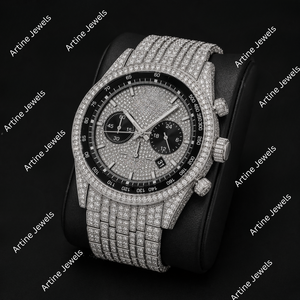 Montre chronographe en argent sertie de cristaux, lunette tachymètre noire, style diamant de luxe, montre de caractère pour homme - Product Image 2