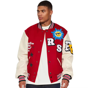 Wholesale <b>Men</b> Leather Sleeve Embroider Patches Varsity <b>Jacket</b> <b>Men</b> Breathable Crew Neck 100% Wool <b>Baseball</b> Varsity <b>Jacket</b> - Product Image 1