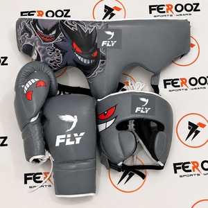 ชุดอุปกรณ์มวย Fly Boxing สีแดง ทำจากหนังวัวแท้ ประกอบด้วยนวมต่อยมวย หมวกป้องกันศีรษะ และอุปกรณ์ป้องกันขาหนีบ พร้อมลายพิมพ์ดิจิทัล สำหรับผู้ใหญ่ ฝึกซ้อมศิลปะการต่อสู้ - Product Image 4