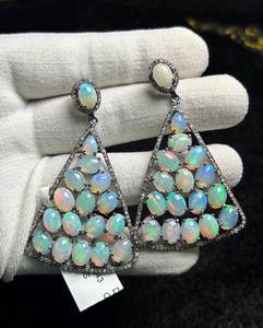 Ethiopian Opal Diamond Earring Pave Diamond Earrings 925 Sterling Silver Handmade <b>Oxidized</b> Dongle Diamond Earring Gift For Her - Product Image 5