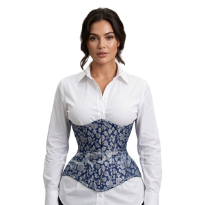 <b>Underbust</b> Steelboned Waist Training And Fashion Wear Blue Floral Brocade Corset With Busk Closure - Product Image 1