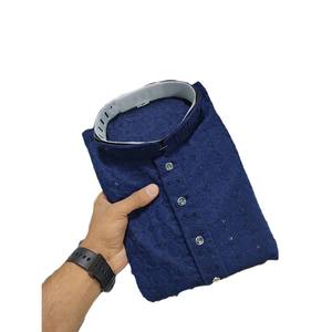 DESIGNER VISCOSE TISSANT TRAVAIL HOMME KURTA PYJAMA BLEU Achkan Bandhgala Sherwani - Product Image 1