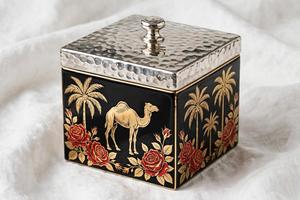 Caja de Metal para Aperitivos con Estampado de Esmalte Negro Estilo Árabe, Tapa Plana Martillada, Patrón de Camello Dorado y Rosas, Recipiente de Almacenamiento, Vajilla de Cocina - Product Image 2