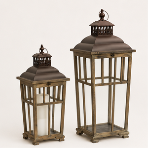 Set of 2 <b>Large</b> Farmhouse Wooden Decorative Lanterns Rustic Distressed Brown Wood Floor <b>Candle</b> Lanterns for Wedding Centerpiece - Product Image 4