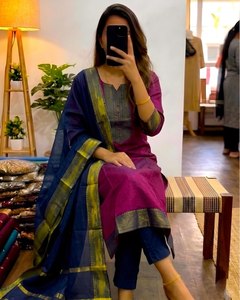 Ensemble Salwar Kameez pour femmes indiennes et pakistanaises, Kurta brodée, Palazzo, Dupatta, tenue de fête et de mariage, coton Kanchi, séchage rapide - Product Image 4