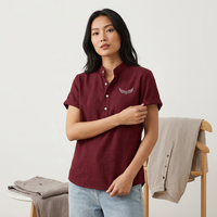 Chemise à manches courtes en lin et coton pour homme, col en V, logo brodé, coupe décontractée, respirante, couleur unie