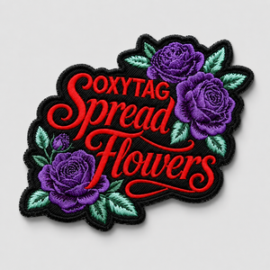 Parche Bordado Oxytag con Flores, Aplique Termoadhesivo, Forma Irregular, Rosas Púrpuras sobre Fondo Negro, Precio Económico, OEM - Product Image 3