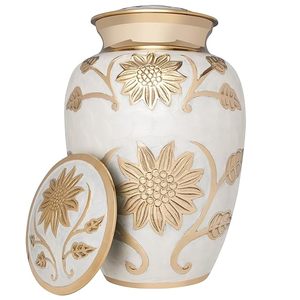 Urna Funeraria Blanca y Dorada con Flores para Cenizas Humanas - Product Image 2