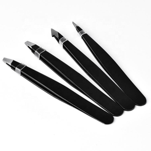 4 Piece Black Powder Coated Stainless Steel Slanted Eyebrow Tweezers Set OEM Private Label with Storage Bag <b>Precision</b> <b>Tool</b> - Product Image 1