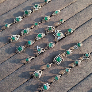 Classic Ethnic Green Onyx <b>Rings</b> Set Silver Plated Brass Bezel Setting Adjustable Gemstone Bulk Lot Bohemian Style Unisex May - Product Image 2