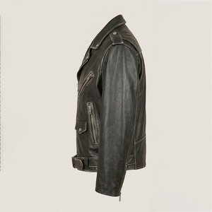 Veste de moto en cuir véritable pour hommes, style motard, col rabattu, fermeture éclair, ceinture, coupe ajustée, pour l'automne et l'hiver - Product Image 4
