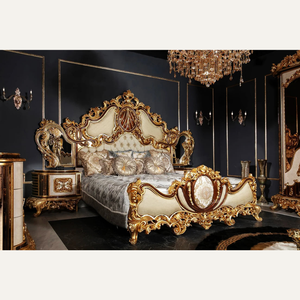 Lit double classique royal européen de luxe en acajou rembourré, ensemble de chambre à coucher en bois massif sculpté à la main pour appartement - Product Image 1