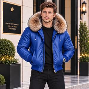 Men's Genuine Leather Bomber Motorcycle Jacket with <b>Fox</b> <b>Fur</b> Hood, Breathable Plaid Pattern Winter Jacket, Lederjacke Herren - Product Image 1