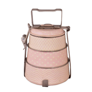 Arch embossed brass tiffin <b>box</b>, 2 tier gold lunch <b>box</b> with spoon, traditional patterned food carrier, at wholesale prices. - Product Image 4