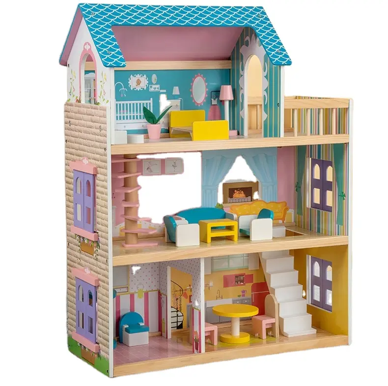 Vendita calda Kit casa delle bambole giocattoli casa delle bambole in legno con mobili per bambini