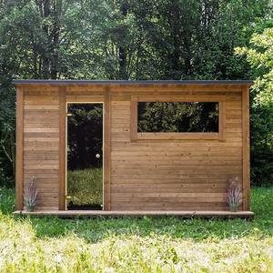 Pod de bien-être pour jardin de cour |   Revêtement mural horizontal en bois, fenêtre en verre et marche d'entrée |   Sauna extérieur - Product Image 1