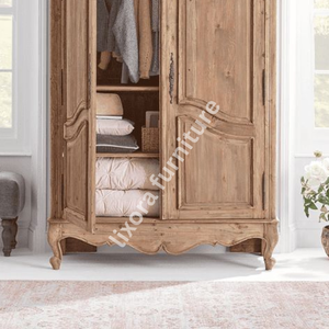 Luxury Handcrafted Solid Wood 2 Door <b>Wardrobe</b> French Provincial Carving Natural Finish Armoire - Product Image 4
