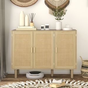 Buffet bohème fait main de 46,9 pouces avec 3 portes en rotin et étagères pour salle à manger ou couloir de villa, aspect naturel - Product Image 2