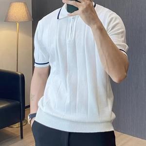 เสื้อโปโลผู้ชายผ้าฝ้ายเรียบแบบมีซิป สกรีนโลโก้ได้ เสื้อโปโลถักแบบครอปมีซิปสำหรับผู้ชาย - Product Image 2