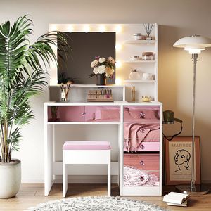 Toeletta Rosa con Finitura Lucida, Piano in Vetro e 11 Lampadine Stile Hollywood, 3 Modalità di Illuminazione, Cassetti e Ripiani - Product Image 2