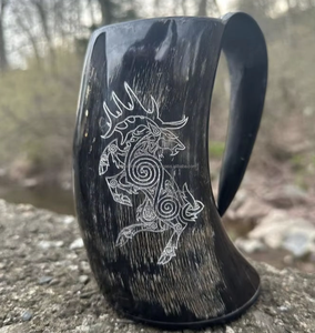 Taza de cerveza de cuerno de buey religioso de animales náuticos de estilo vikingo, bebedero pulido de recuerdo de búfalo europeo ecológico - Product Image 3