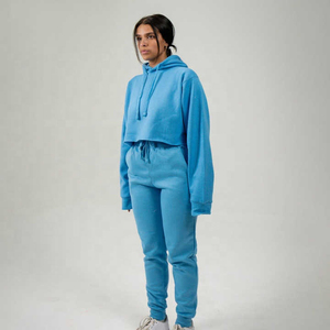 ชุดเซ็ตแทรคสูทผู้หญิงแบบสั่งทำ OEM สำหรับฤดูใบไม้ร่วงและฤดูหนาว เสื้อครอปท็อปแขนยาว 2 ชิ้น พร้อมฮู้ด - Product Image 2