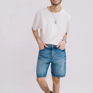 Shorts en jean pour homme de haute qualité, vintage, délavés, respirants, en toile, taille mi-haute, coupe ample, jambe large, longueur genou, motif uni, décontracté - Product Image 1