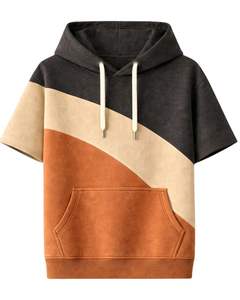 Sudadera con Capucha de Manga Corta para Hombre, Color Carbón Beige y Rojo Óxido, con Bolsillo Canguro, de Algodón y Felpa, Estilo Casual Urbano - Product Image 1