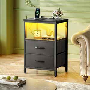 Comodino LED con Stazione di Ricarica, 2 Cassetti, Tavolino da Letto in Tessuto e Comodino con Ripiano Aperto - Product Image 2