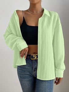 Women's Light Green Long Sleeve Button <b>Down</b> Shirt Solid Color Pleated Poplin Casual Blouse Spring Summer Loose Fit - Product Image 2