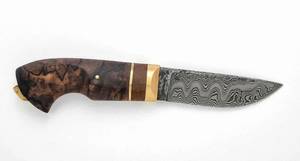Couteau utilitaire fixe en acier Damas pour l'extérieur avec manche en bois de burl et bolster en banderole de bois - Product Image 3