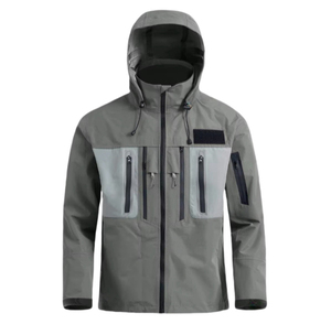 Veste de pêche d'extérieur pour homme de haute qualité, imperméable, UPF 35, imprimée, softshell, grise, à capuche, fermeture éclair sur le devant, couleur unie, polyester - Product Image 1