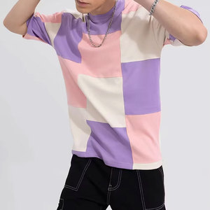 Men's Short Sleeve O-Neck T-<b>Shirt</b> Solid Regular Fit Casual Jersey Fabric Anti-Wrinkle Breathable 220g HIGH STREET Pink White - Product Image 4