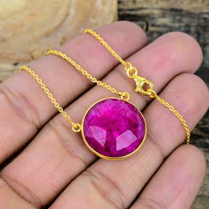 Natural Dyed <b>Ruby</b> Round Shape Charm Gemstone Chain <b>Necklace</b> 18k Gold Micron Over 925 Sterling Silver - Product Image 3