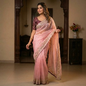 Sari de satén estilo Bollywood con pallu de lentejuelas elaboradas y borde con trabajo de corte elegante, de secado rápido, para fiestas, para mujer - Product Image 3
