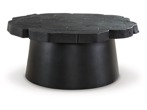 Mesa de Centro con Borde Natural y Patrón Ranurado, Madera de Acacia Sólida en Negro Intenso con Base Metálica, Atractiva para Sala de Estar - Product Image 2