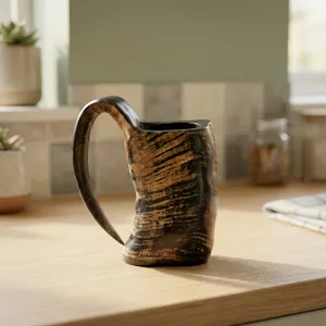 Chope à bière en corne de buffle Viking, faite à la main, en corne naturelle, style rustique médiéval, avec poignée, pour bar à domicile, fête, festival - Product Image 2